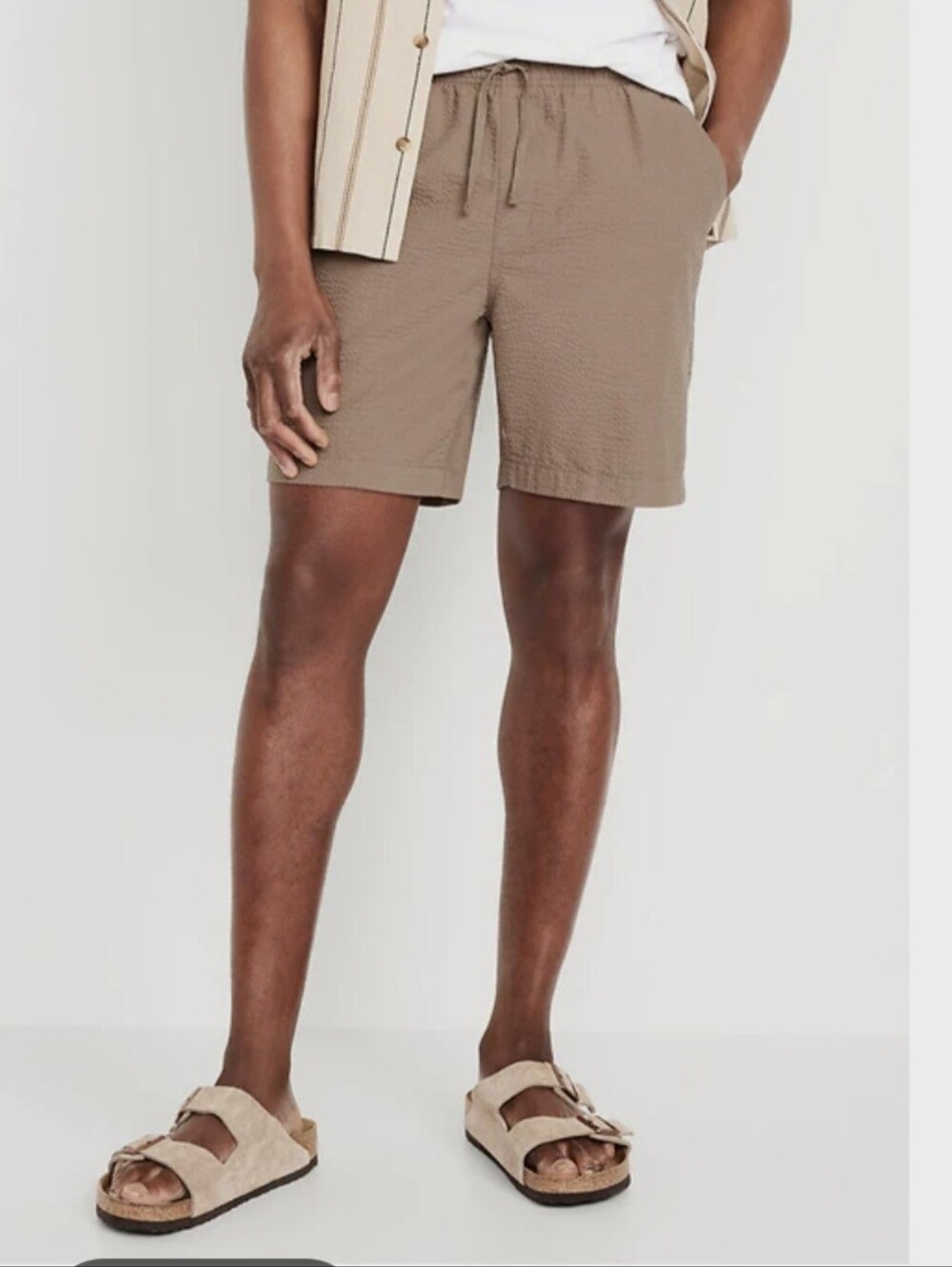 Mens size large brown drawstring seersucker shorts 7 inch inseam like new cotton